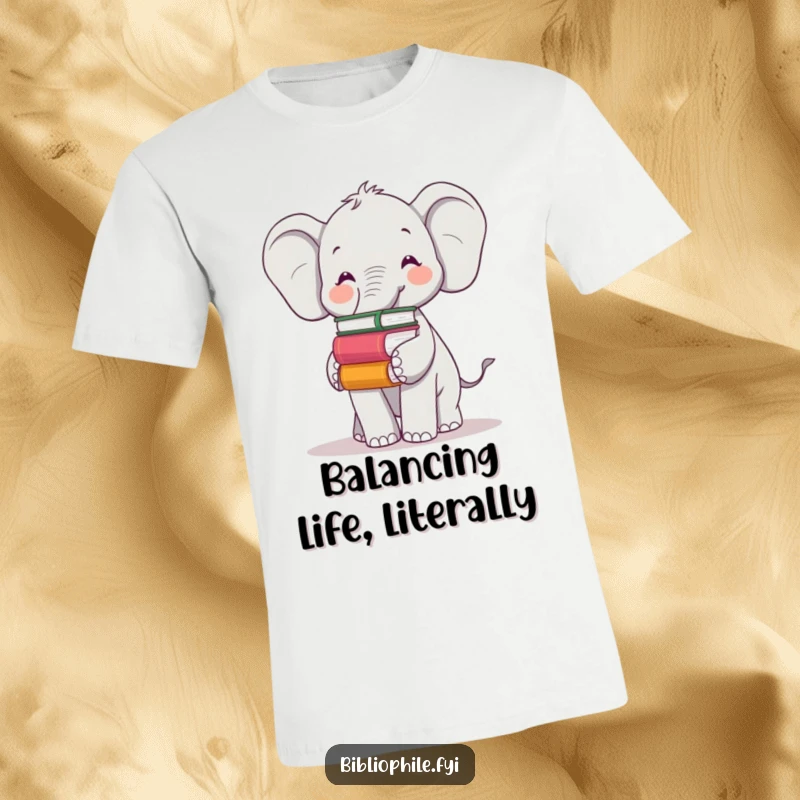 Funny t-shirt of a cheerful elephant balancing books on its trunk, representing intelligence and a love for literature.
