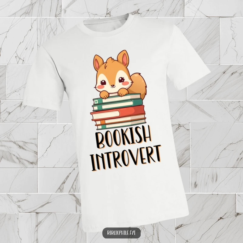 Funny Squirrel T-Shirt: Adorable squirrel peeking from behind a stack of books, whimsical and fun.