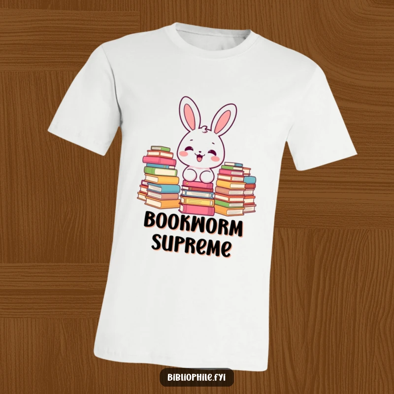 Funny kawaii bunny character delighted by stacks of books, showcased on humorous book lover apparel.