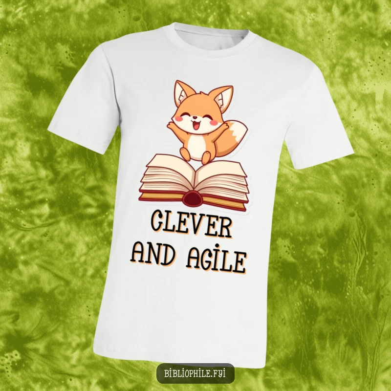 Funny fox t-shirt with a happy character leaping over an open book, celebrating reading adventure.