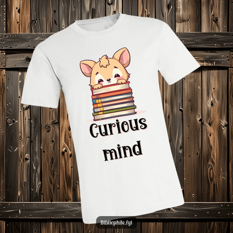 Funny t-shirt with a cute animal character curiously peeking over a large stack of books, embodying exploration.