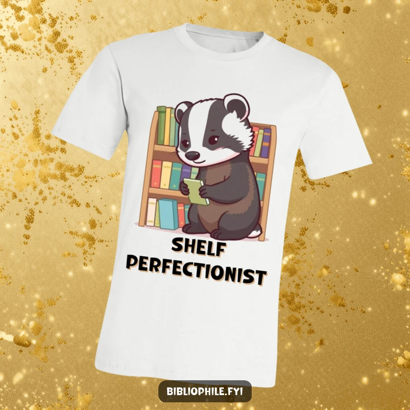 A diligent badger meticulously organizing a shelf of tiny novels, printed on a neat t-shirt.