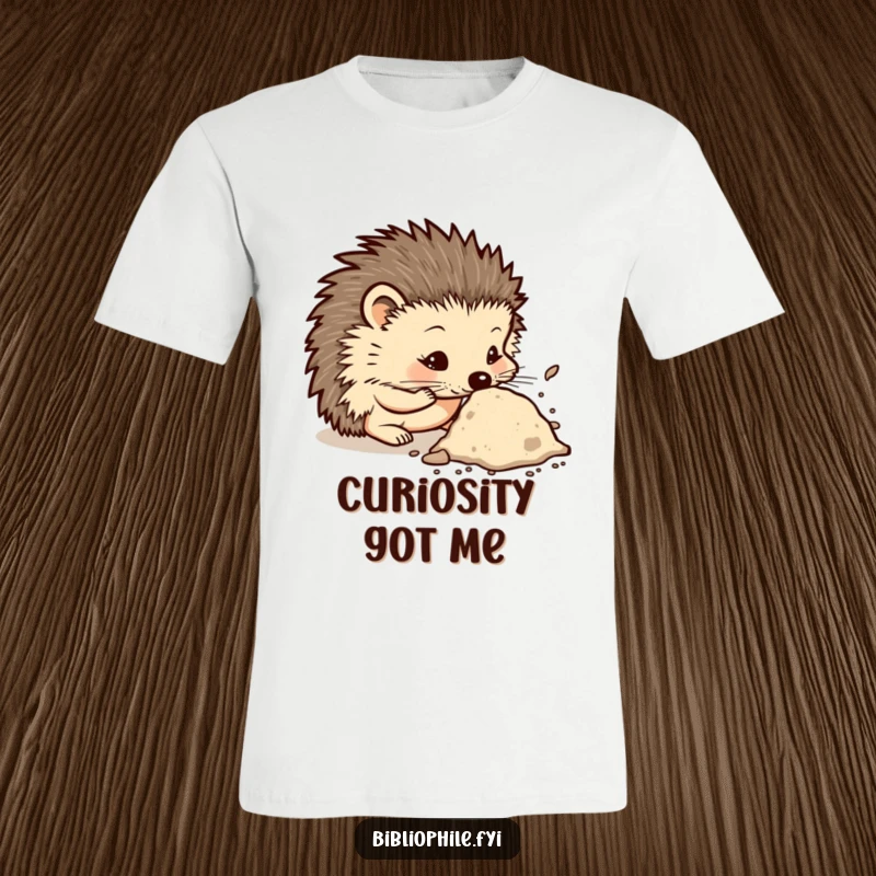 Funny t-shirt featuring a curious hedgehog character sniffing a dusty tome, symbolizing intellectual curiosity and a passion for books.