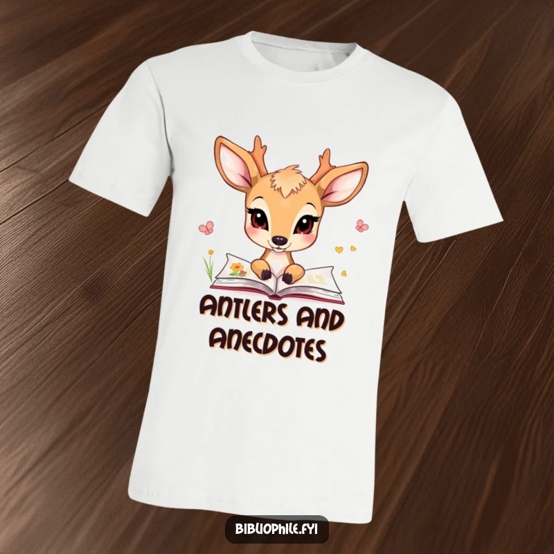 Funny t-shirt depicting a charming deer character looking thoughtfully at the illustrated pages of a book, conveying wonder.