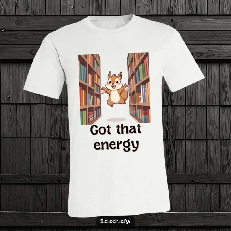 Funny t-shirt featuring an energetic squirrel character leaping between bookshelves, symbolizing a zest for knowledge and active exploration.