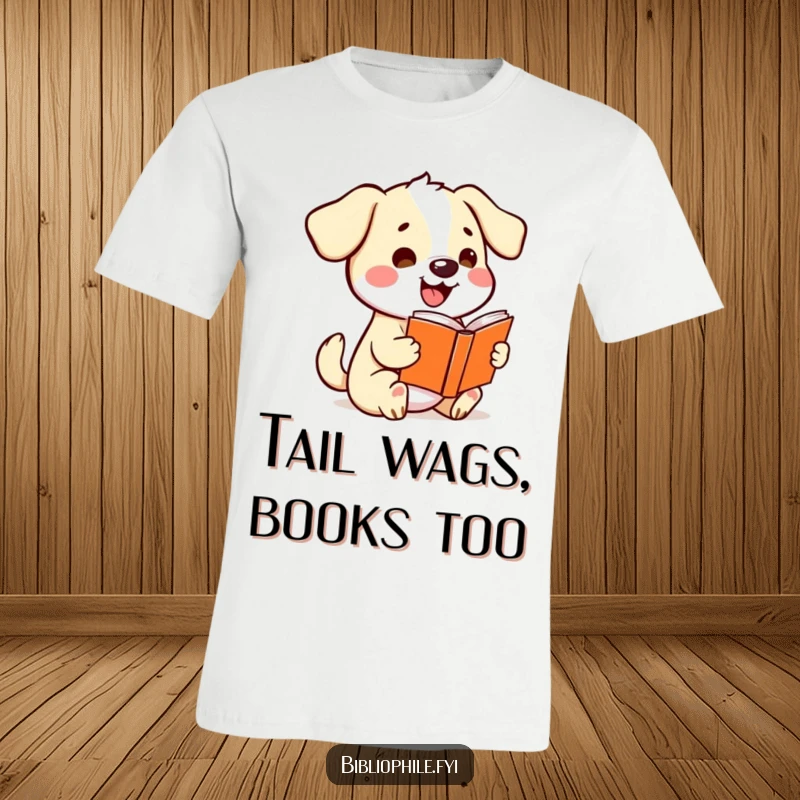Funny kawaii dog wagging its tail happily while clutching a storybook, printed on a comical and comfortable t-shirt.