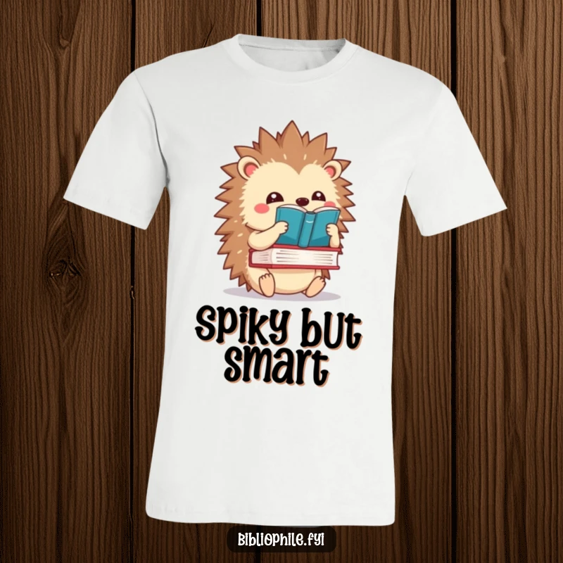 Funny kawaii hedgehog balancing a book on its sharp spines, printed on a charming and comical t-shirt.