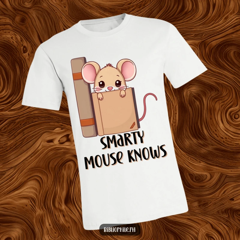 Funny kawaii mouse peeking from behind a massive encyclopedia, printed on a comical and comfortable t-shirt.