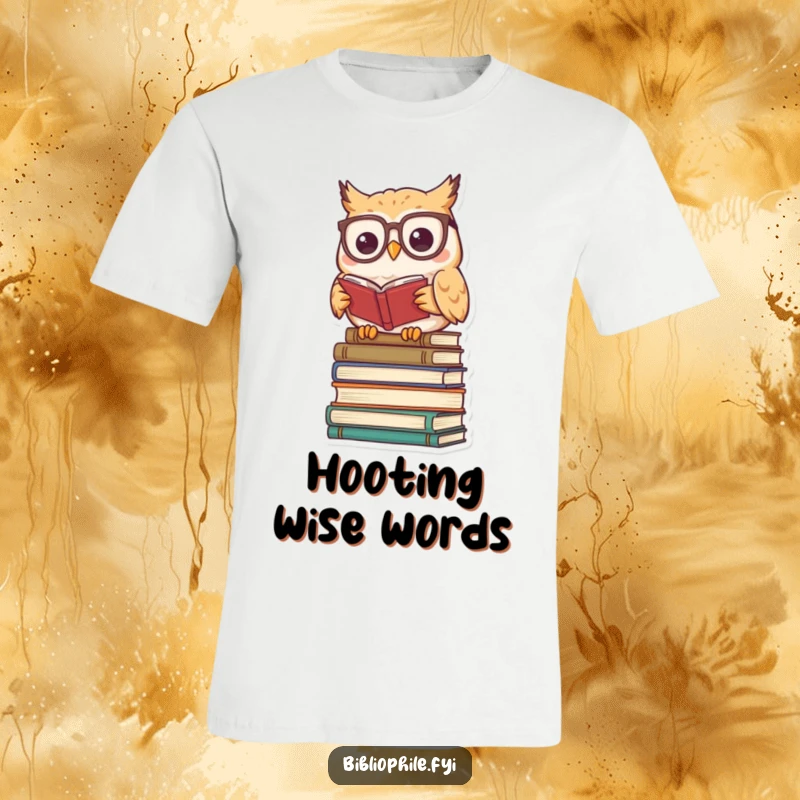 Funny kawaii owl character wearing reading glasses, perched on books, on humorous intellectual apparel.