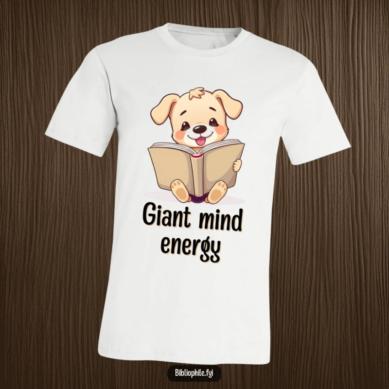 Funny t-shirt showing a cute puppy character enthusiastically reading a massive open book, celebrating the joy of reading.