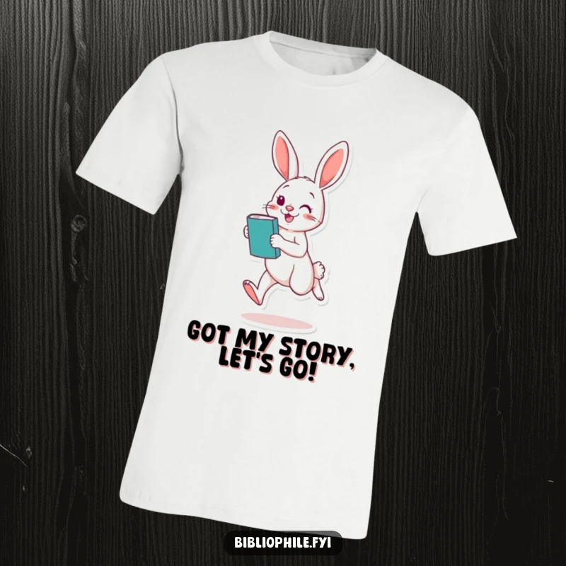 Funny Rabbit T-Shirt: An excited rabbit hops joyfully, book tucked under its arm, showcasing a pure love for reading.