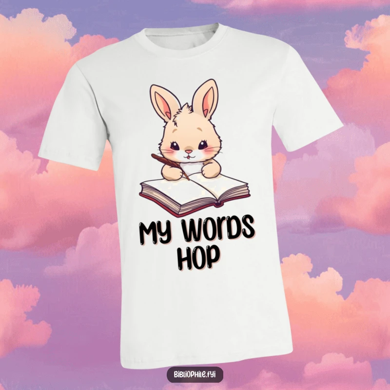 Funny rabbit with a quill, about to write in a large tome, printed on a comfortable t-shirt.
