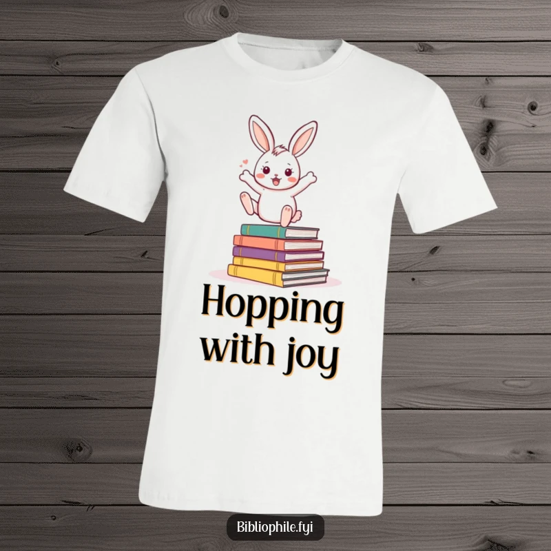 Funny Rabbit T-Shirt featuring an energetic rabbit character bouncing excitedly on a pile of storybooks, perfect for enthusiastic readers.