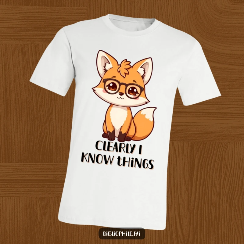 Funny fox wearing spectacles, looking smart and scholarly, printed on a soft t-shirt for book enthusiasts.