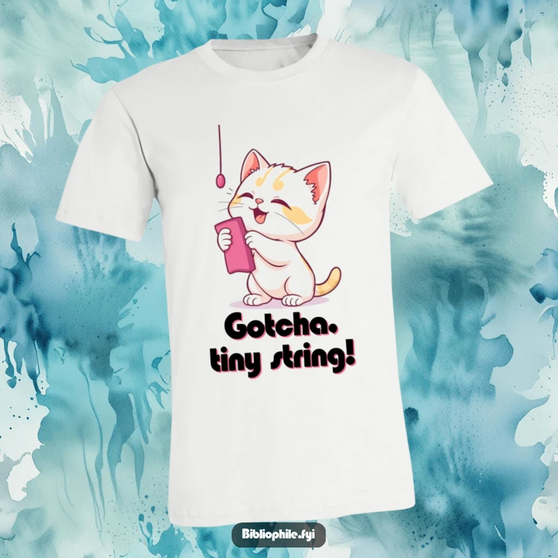 Funny kitten t-shirt featuring a playful character batting at a bookmark, chaotic literary fun.