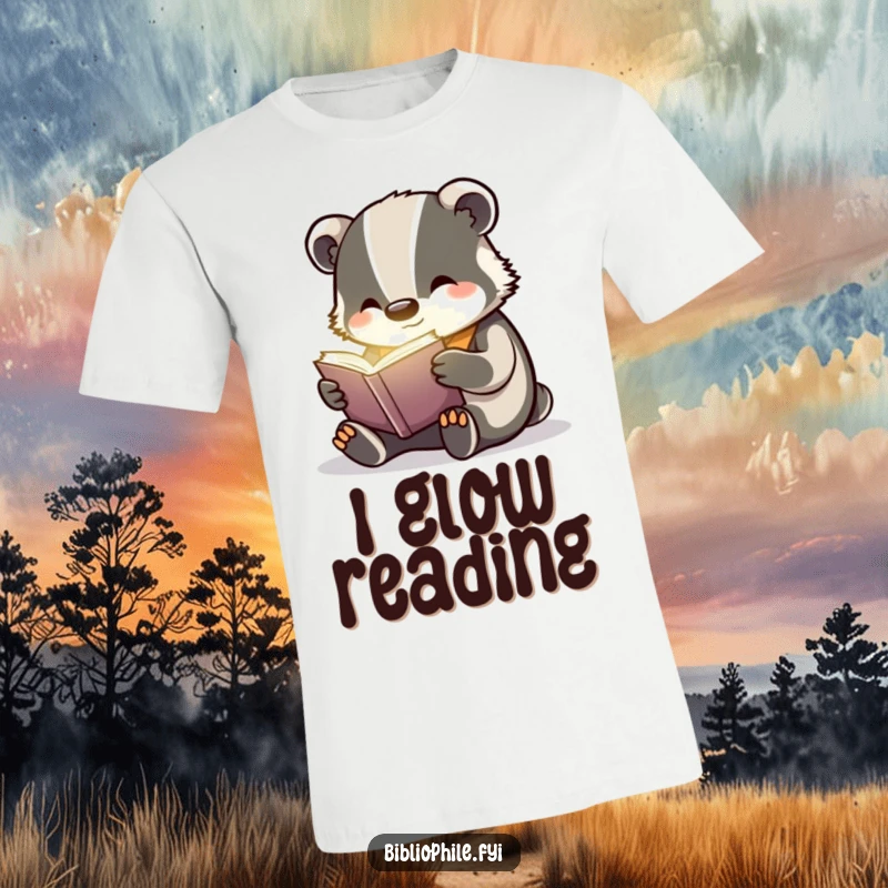 Funny badger reading a book that glows faintly, a cheerful and magical character on a soft t-shirt.