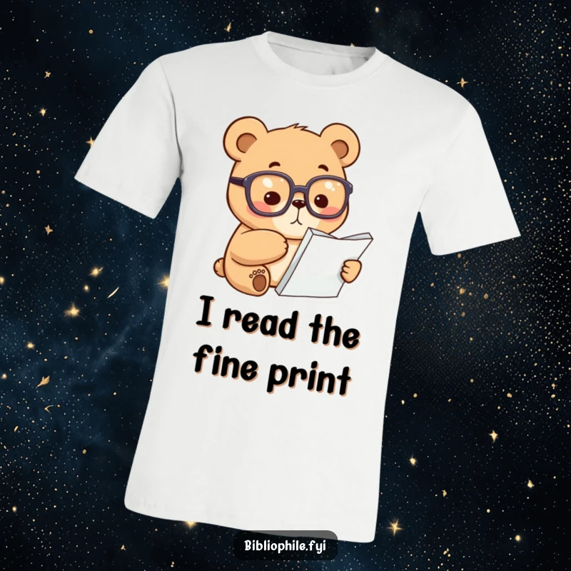 Funny Bear T-Shirt: A focused bear wearing reading glasses points at a book page, representing intelligence and a love for learning.