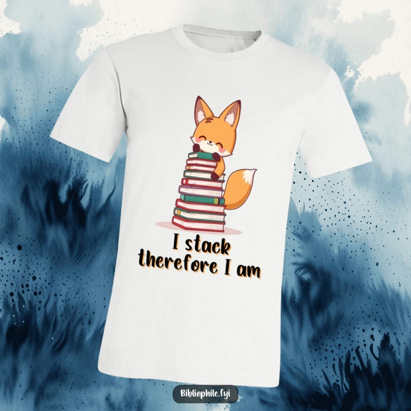 Funny Fox T-Shirt: Cute fox gleefully stacking a towering pile of books, ideal for book fans.