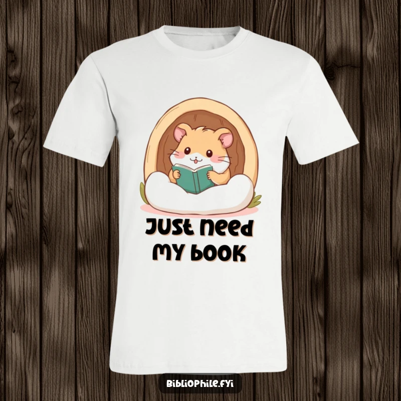 Cute hamster happily nestled in a reading nook, printed on a soft t-shirt for ultimate comfort and humor.