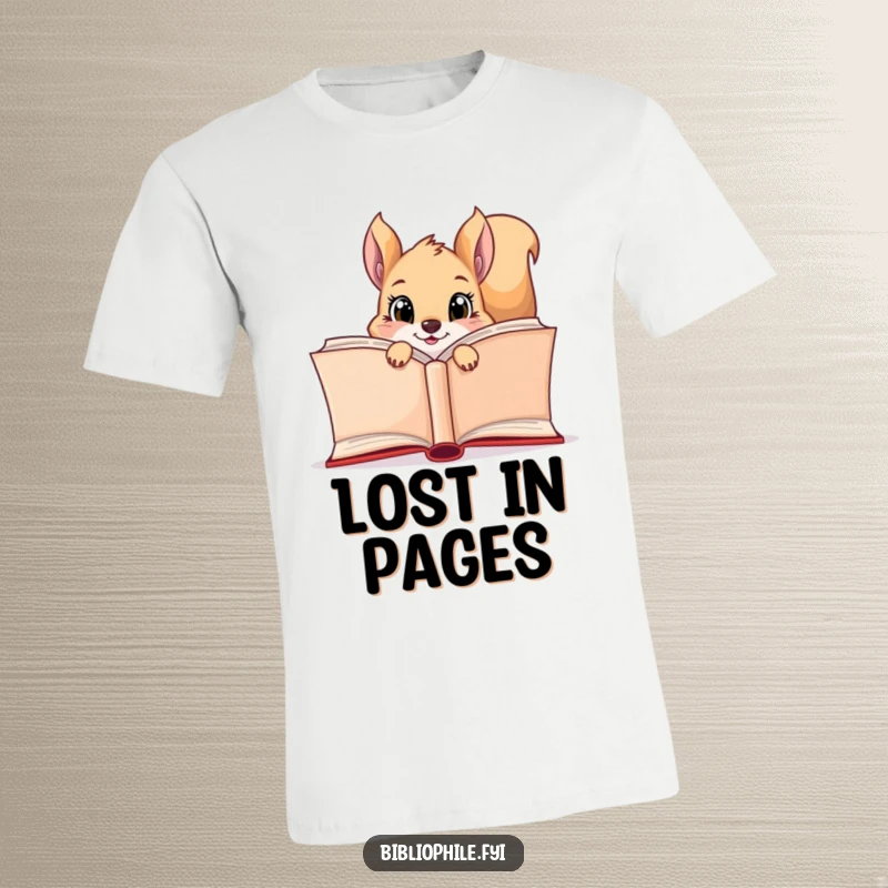 Funny squirrel peeking with bright eyes from behind a giant open book, printed on a comfortable t-shirt.