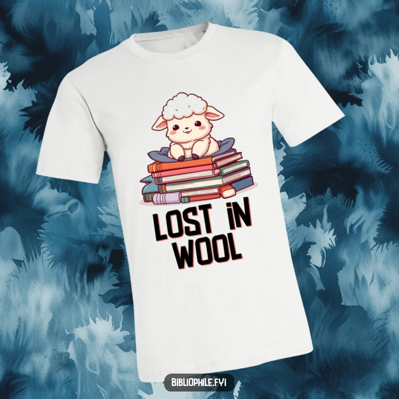 Funny t-shirt with a delighted sheep character nestled in a pile of stories, looking content and blissful.
