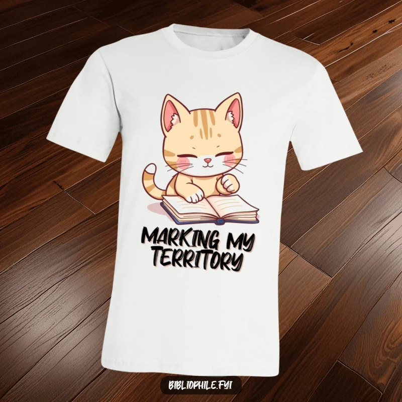 Funny t-shirt depicting a cute cat character diligently marking a page with a playful paw, a charming representation of a reader.