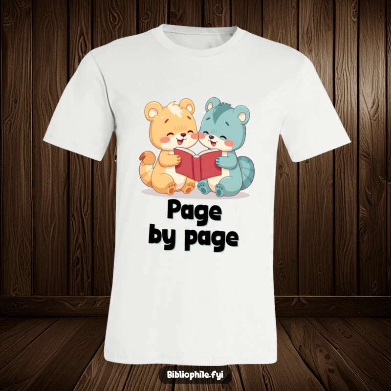 Funny t-shirt showcasing a cute animal character's excitement while sharing an open book with another animal, highlighting friendship.
