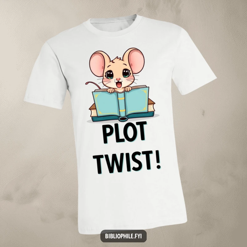 Funny t-shirt with a surprised mouse character popping out of a book cover, conveying shock and playful mischief.