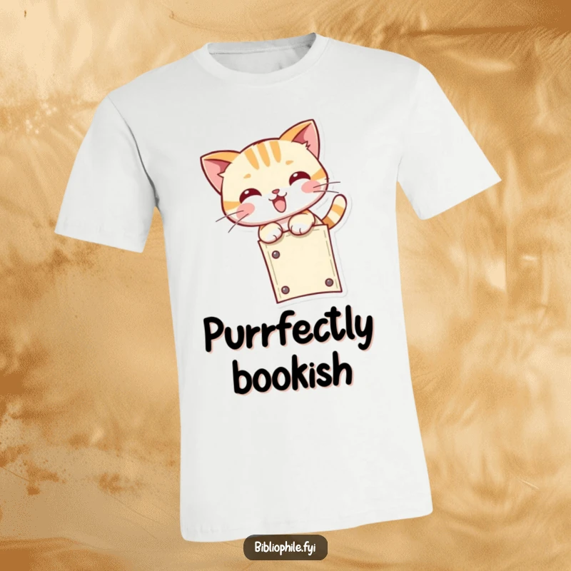 Funny kawaii cat character leaping playfully off a bookmark, printed on a comfortable and hilarious t-shirt for readers.