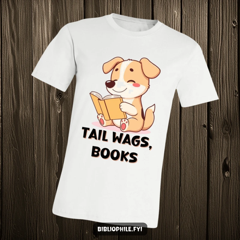 Funny t-shirt depicting a cute dog character wagging its tail excitedly while reading a story, a celebration of reading happiness.