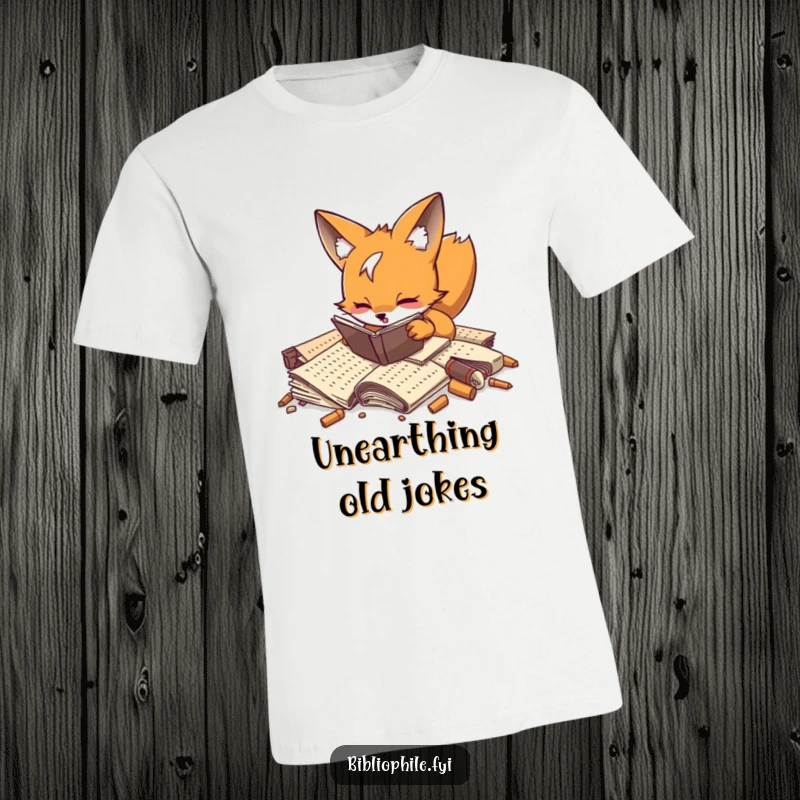 A playful fox enthusiastically digging through a pile of forgotten manuscripts, printed on a fun t-shirt.