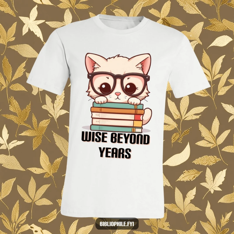 Funny t-shirt featuring a kawaii kitten character wearing glasses, peering intently at a stack of novels, highlighting intelligence.
