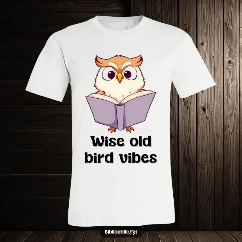 Funny t-shirt showcasing a cute owl character enthusiastically turning the pages of a large book, a true symbol of literary joy.