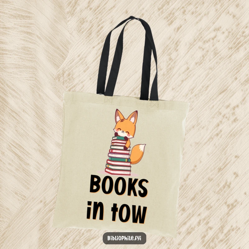 Funny Fox Tote Bag: Cute fox creating a large book tower, practical and humorous for book lovers.