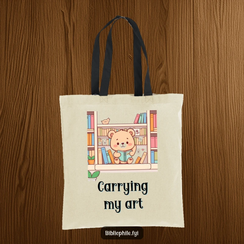 Funny Bear Tote Bag: Bear decorating a bookshelf with drawings, a cute and artistic accessory.