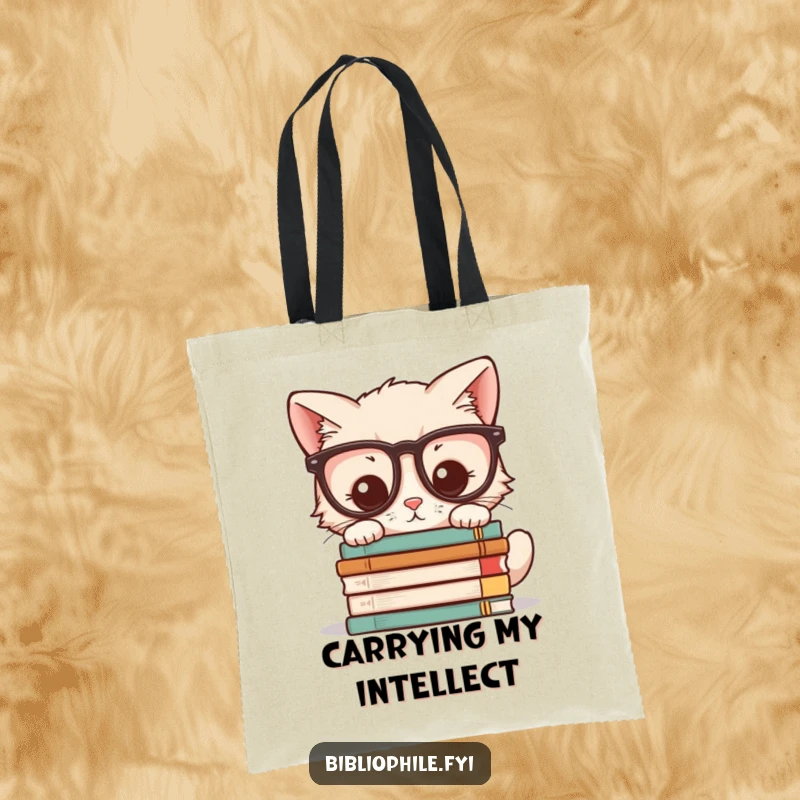 Funny tote bag depicting a kawaii kitten wearing glasses, peering at a stack of novels, great for carrying books.