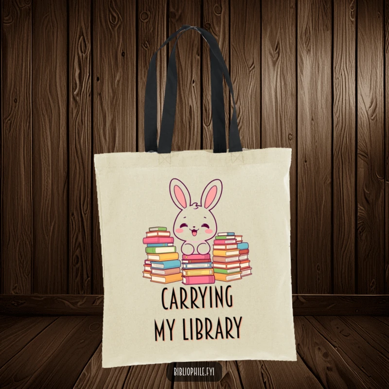 Funny kawaii bunny character delighted by stacks of books, a whimsical tote for book lovers.