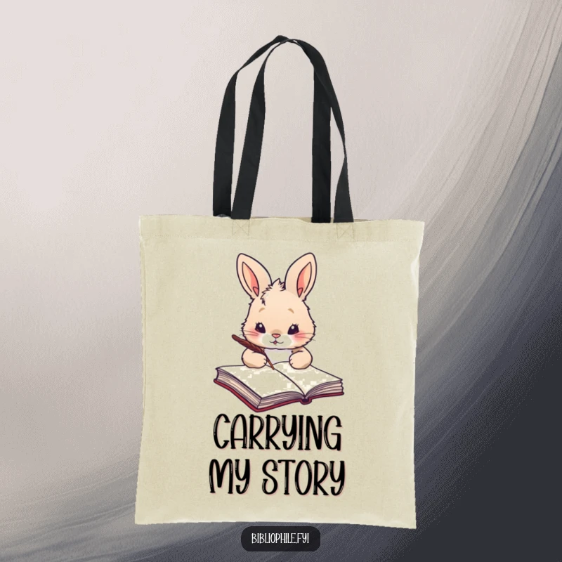 Funny rabbit with a quill, preparing to write in a large tome, printed on a durable tote bag.