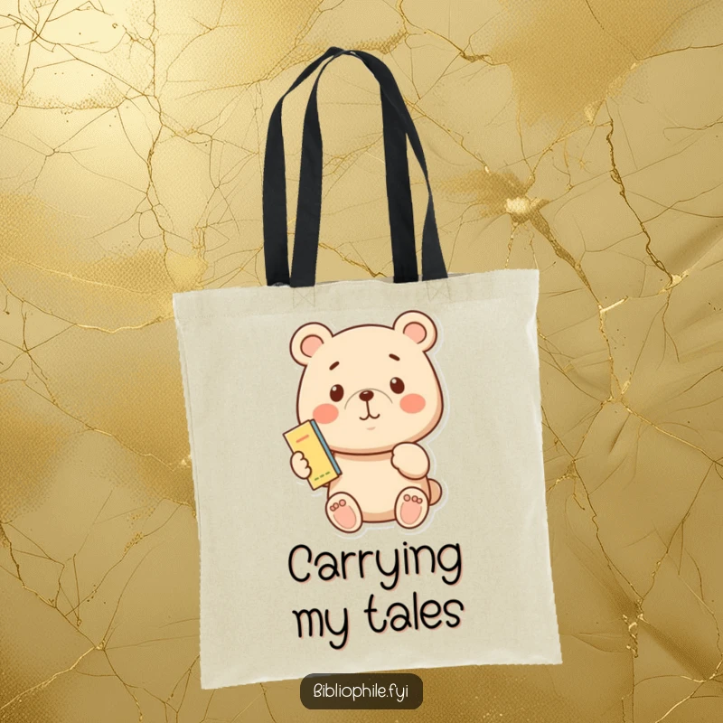 A proud bear holding a bookmark, designed on a durable tote bag for carrying books and literary pride.