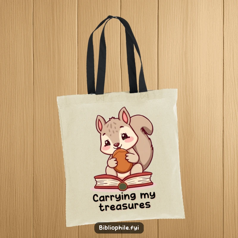 Funny tote bag featuring a cute squirrel character hiding a nut inside an open book, ideal for carrying books.