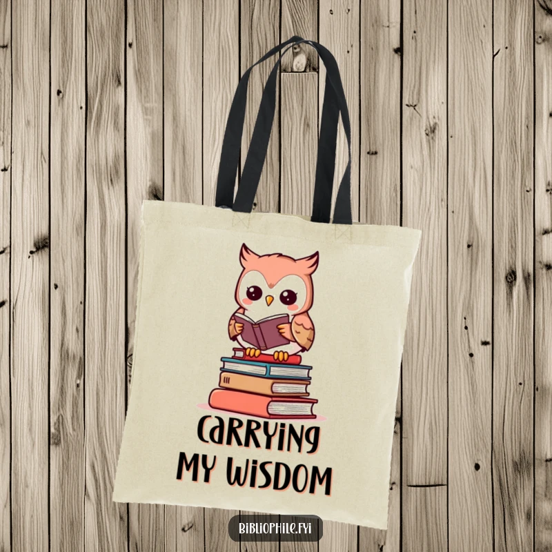 Funny owl tote bag featuring a cute character reading atop a book stack, ideal for bookish errands.