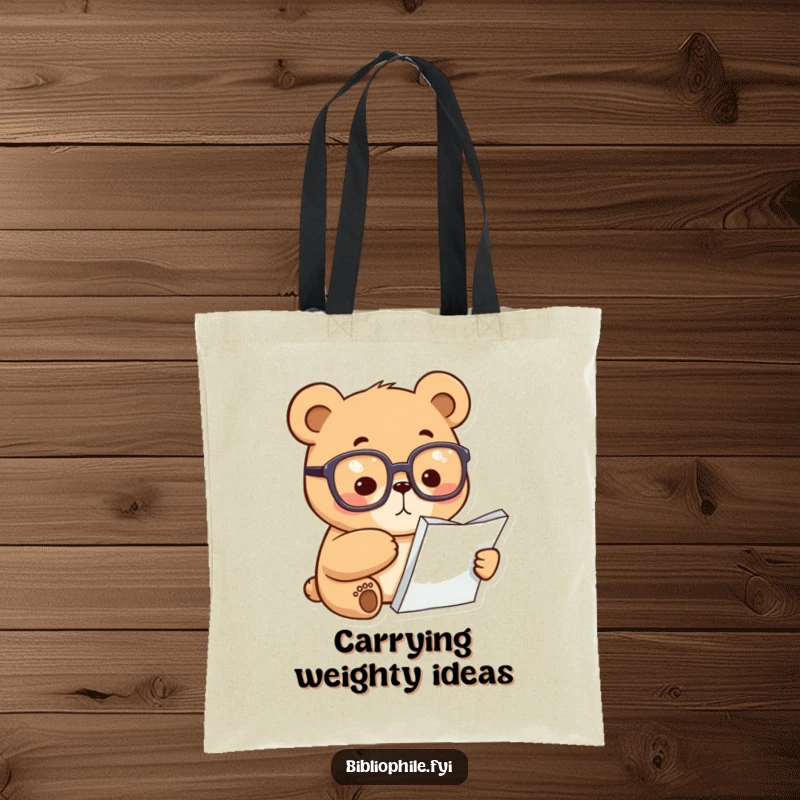 Funny Bear Tote Bag: A focused bear with glasses points at a book, perfect for carrying books and essentials smartly.