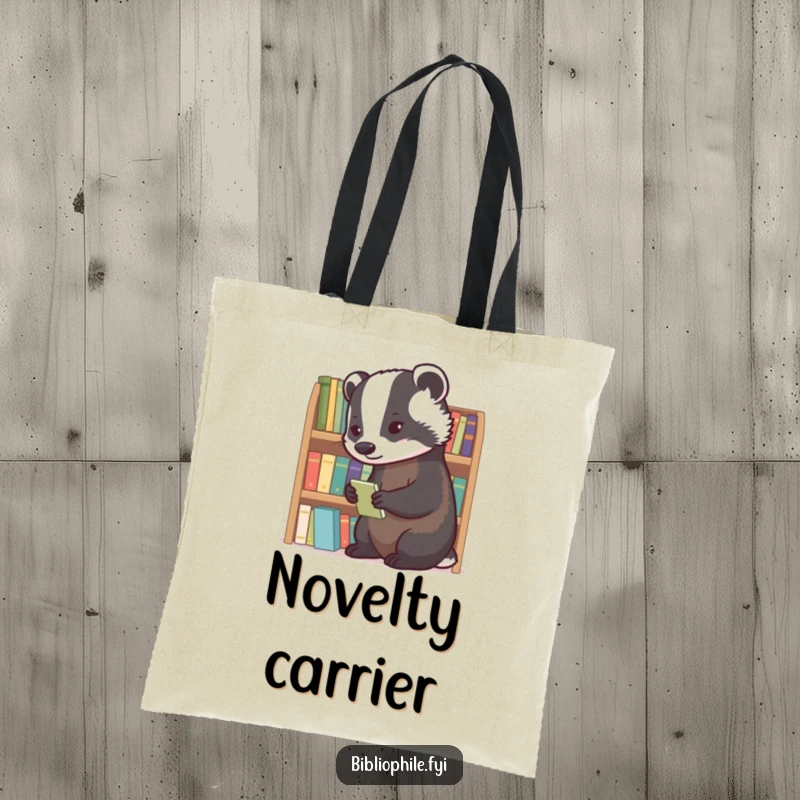 Diligent badger meticulously organizing a shelf of tiny novels on a durable tote bag.