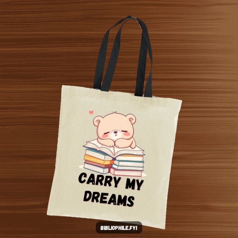 Funny bear napping on books on a tote bag, symbolizing cozy reading and relaxation, a great funny gift.