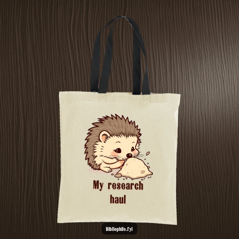 Funny tote bag depicting a curious hedgehog character sniffing a dusty tome, symbolizing a love for knowledge and old literature.