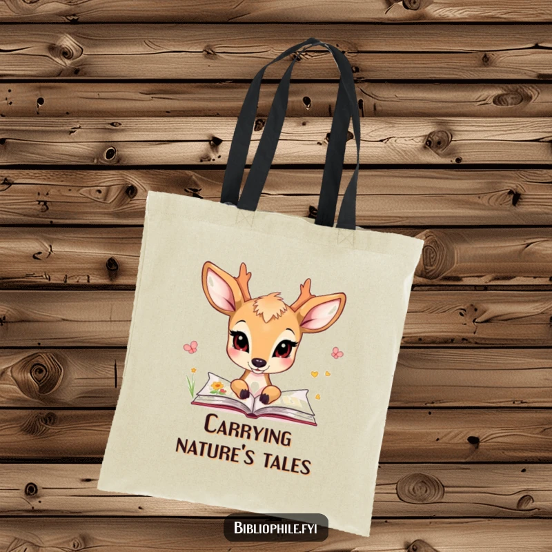 Funny tote bag with a charming deer character looking at illustrated pages, ideal for carrying art supplies and books.