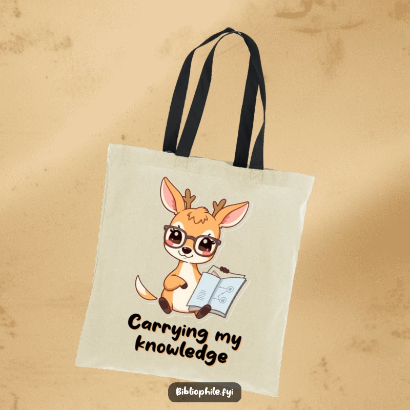 Funny Deer Tote Bag featuring a cute deer character wearing spectacles and pointing at a book diagram, perfect for carrying study materials.