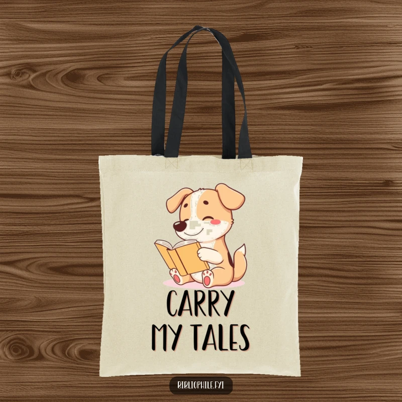 Funny tote bag with a cute dog character wagging its tail excitedly while reading a story, perfect for book lovers.