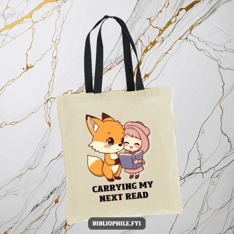 Funny fox and book friend tote bag, a fox and book character sharing a joke, stylish funny gift.