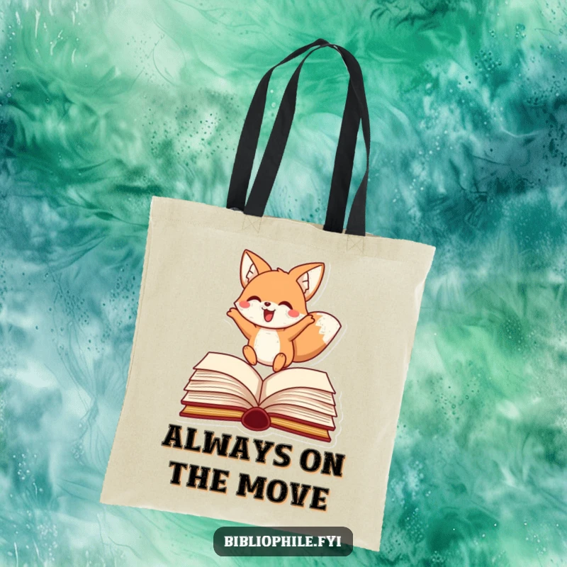 Funny fox tote bag with a happy character leaping over a book, ideal for carrying literary treasures.